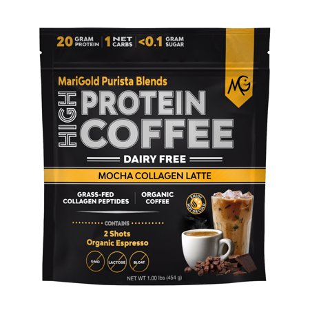 MariGold High Protein Collagen Coffee - Mocha Collagen Latte  Energy Drink Mix  Dairy Free  Grass-Fed Type I & III Collagen Peptides  Non-GMO  1 Lb