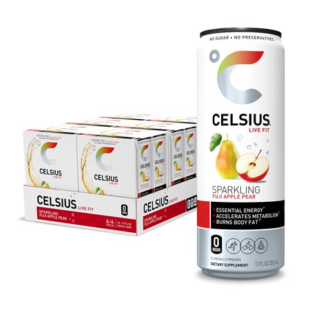 CELSIUS Essential Energy Drink 12 Fl Oz  Sparkling Fuji Apple Pear (Pack of 24)
