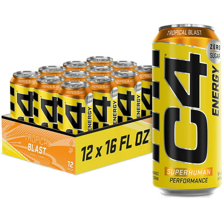 C4 Energy Carbonated Zero Sugar Energy Drink  Pre Workout Drink + Beta Alanine  Sparkling Tropical Blast  16 Fl Oz (Pack of 12)