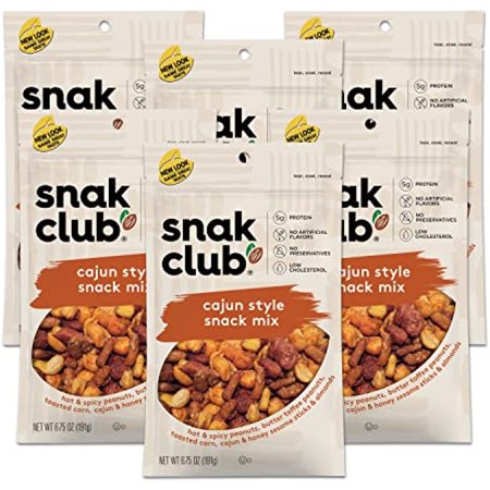 Snak Club All Natural Cajun Style Snack Mix  Individual Snacks for Lunch or School  Peanuts  Corn  Sesame Sticks & Almonds Mix  6.75-Ounces (Pack of 6