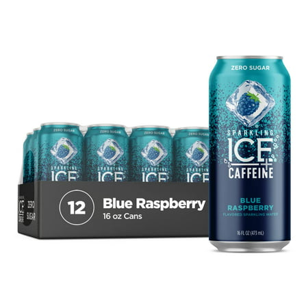 Sparkling Ice +Caffeine Blue Raspberry Sparkling Water  with Antioxidants and Vitamins  Zero Sugar  16 Fl Oz Cans (Pack of 12) - Perfect for Summer an
