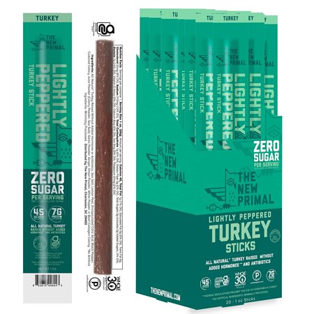 The New Primal Lightly Peppered Turkey Stick - (20 Pack) 1 Oz Meat Stick - All-Natural Turkey Snack - Whole30 Approved  Certified Paleo  Certified Ket