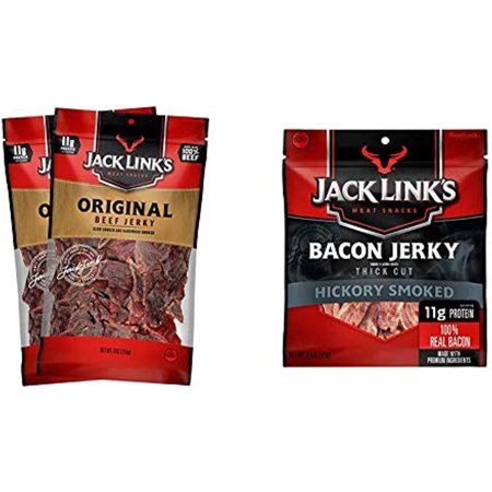 Jack Link’S Beef Jerky  Original  (2) 9 Oz. Bags – Great Everyday Snack  11G of Protein and 80 Calories & Bacon Jerky  Hickory Smoked  2.5 Oz. Bag