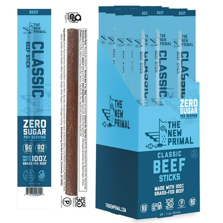 The New Primal Classic Beef Stick - (20 Pack) 1 Oz Meat Stick - 100% Grass-Fed Beef Snack - Whole30 Approved  Certified Paleo  Certifed Keto  and Glut