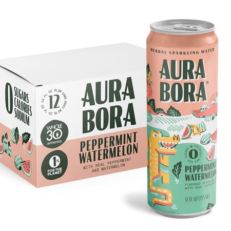 Peppermint Watermelon Herbal Sparkling Water by Aura Bora 12 Oz Can (Pack of 12)  0 Calories  0 Sugar  0 Sodium  Non-GMO