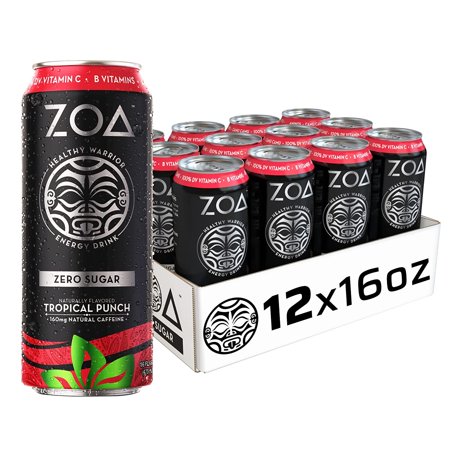 ZOA Zero Sugar Healthy  Positive Energy Drink  Tropical Punch  16 Fl. Oz. (12 Pack) - Supports Immunity  Focus  Hydration  Body & Energy - 160mg Natur