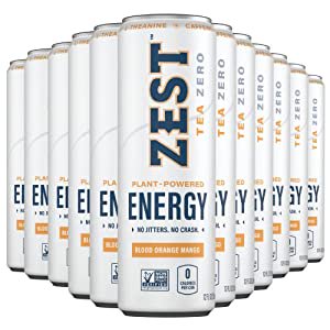 Zest Plant Powered Natural Energy Sparkling Drink - Blood Orange Mango - Caffeine + L-Theanine - 12oz Can 12 Pack - Zero Sugar  0 Calories  Whole 30  