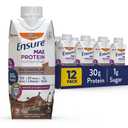 Ensure Max Protein Nutrition Shake with 30g of Protein 1g of Sugar High Protein Shake Milk with 11 Fl Oz  Chocolate W/ Caffeine  Pack of 12