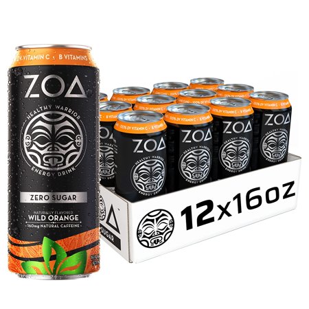 ZOA Zero Sugar Healthy  Positive Energy Drink  Wild Orange  16 Fl. Oz. (12 Pack) - Supports Immunity  Focus  Hydration  Body & Energy - 160mg Natural 
