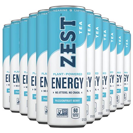 Zest Plant Powered Natural Energy Sparkling Drink - Passionfruit Berry - 150mg Caffeine + 100 Mg L-Theanine - 12oz Can 12 Pack - Low Sugar  60 Cals  H
