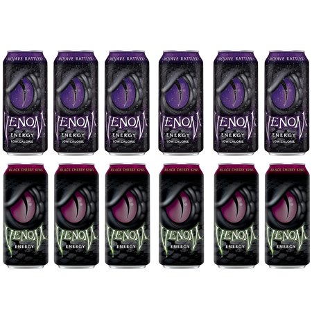 Venom Energy Drink   Pack of 12   16 Fl Oz  Mojave Rattler (AKA Zero Sugar Original) Energy Drink  Black Cherry Kiwi Energy Drink