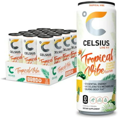 Celsius Essential Energy Drink 12 Fl Oz  Sparkling Tropical Vibe (Pack of 12)