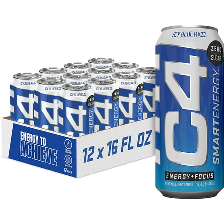 Cellucor C4 Smart Energy Sugar Free Energy Drink 16oz 12  (New) ICY Blue Razz  (Pack of 12)  16 Fl Oz