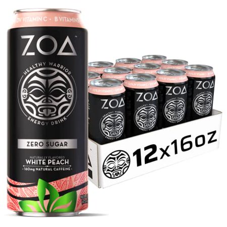 ZOA Zero Sugar Energy Drink - White Peach 16 Fl Oz - Healthy Energy Drinks with B Vitamins  Amino Acids  Camu Camu  Electrolytes & Natural Clean Caffe