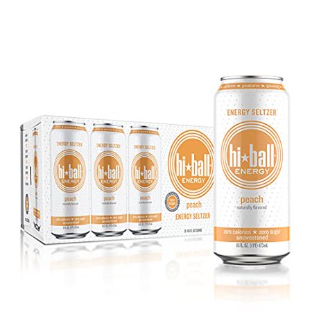 Hiball Energy Seltzer Water  Caffeinated Sparkling Water Made with Organic Caffeine  Zero Calorie  Sugar Free (16 Fl Oz Pack of 8)  Peach