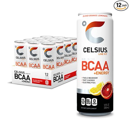 CELSIUS BCAA +Energy Sparkling Post-Workout Recovery & Hydration Drink  Slim Can  Blood Orange Lemonade  12oz (Pack of 12)  144 Fl Oz