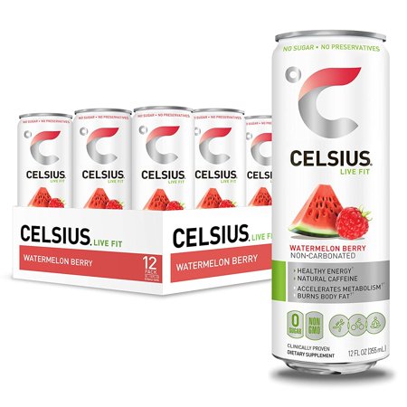 CELSIUS Sweetened with Stevia Sparkling Watermelon Fitness Drink  Zero Sugar  12oz. Slim Can  12 Pack