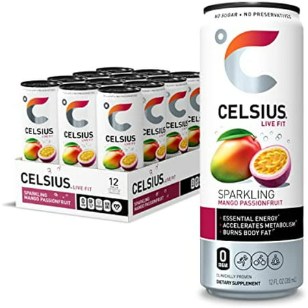 Celsius Essential Energy Drink 12 Fl Oz  Sparkling Mango Passionfruit (Pack of 12)