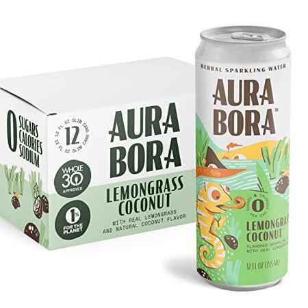 Lemongrass Coconut Herbal Sparkling Water by Aura Bora 12 Oz Can (Pack of 12)  0 Calories  0 Sugar  0 Sodium  Non-GMO