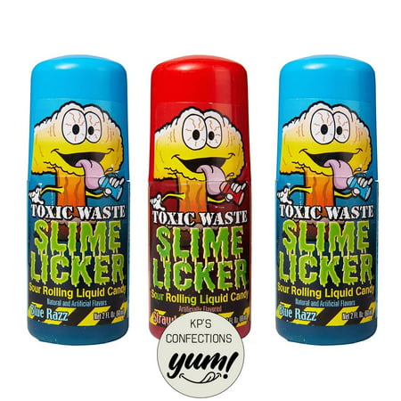 Slime LickerAdslk - Toxic Waste - Sour Rolling Liquid Candy - 1 Strawberry and 2 Blue Razz Flavor - 2 Oz Each - Total 3