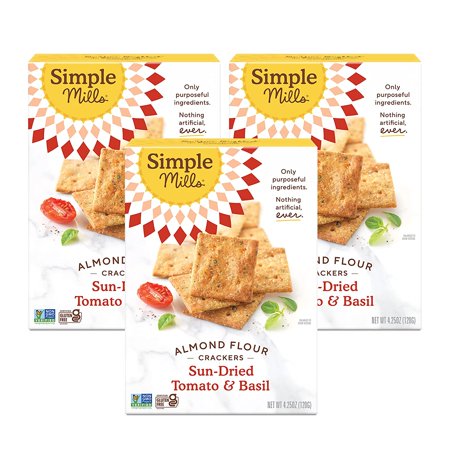 Simple Mills Almond Flour Crackers  Sundried Tomato & Basil - Gluten Free  Vegan  Healthy Snacks  Plant Based  4.25 Ounce (Pack of 3)