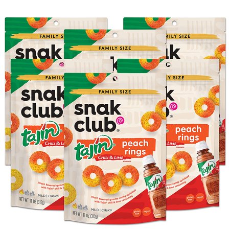 Snak Club Tajin Peach Rings  Sweet and Spicy Gummy Snacks  11oz Party Family Size Resealable Bag  6 Count