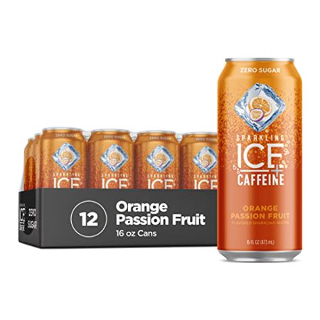 Sparkling Ice +Caffeine Orange Passion Fruit Sparkling Water  with Antioxidants and Vitamins  Zero Sugar  16 Fl Oz Cans (Pack of 12) - Perfect for Sum
