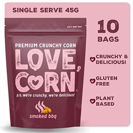LOVE CORN: Barbecue (BBQ) | Roasted Crunchy Corn - Gluten-Free - Plant Based & Vegan - Healthy Snack - Low Calorie - Non GMO - (Box of 10 Bags  1.6oz 