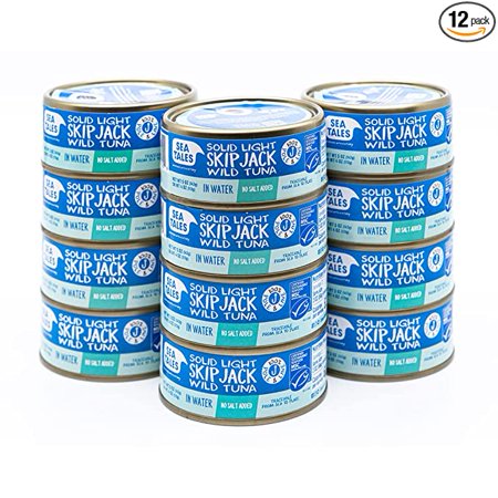 Sea Tales Solid Light Skipjack Canned Tuna in Water - No Salt Added - 100% Pole & Line Wild Sustainably Caught - Gluten Free - High Protein Food - Ket