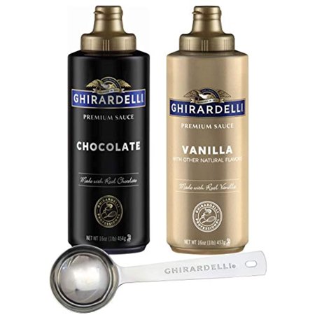 Ghirardelli Chocolate Sauce and Vanilla Sauce  16 Ounce Squeeze Bottles (Set of 2) with Ghirardelli Stamped Barista Spoon
