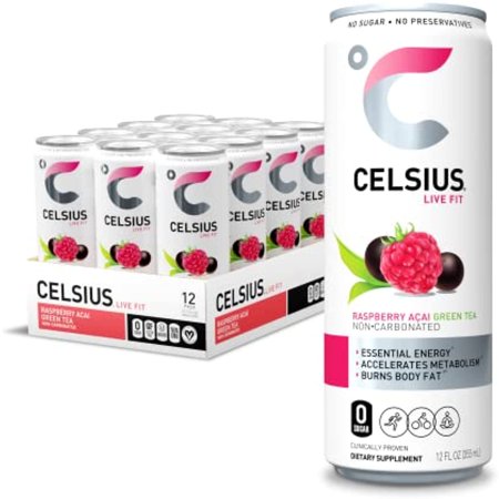 Celsius Essential Energy Drink 12 Fl Oz  Raspberry Acai Green Tea (Pack of 12)