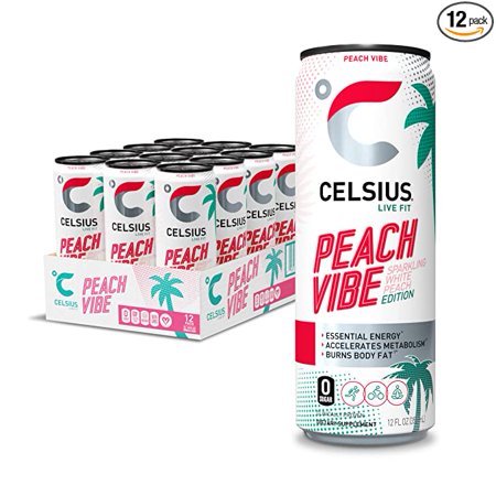 CELSIUS Essential Energy Drink 12 Fl Oz  Sparkling Peach Vibe (Pack of 12)