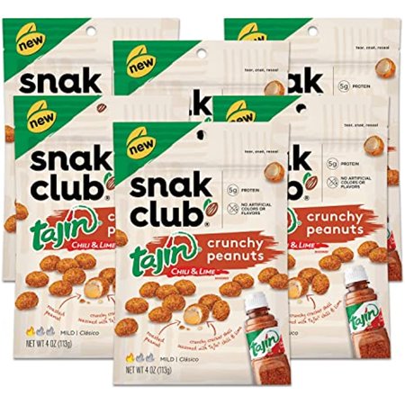 Snak Club Tajin Crunchy Peanuts  Mild Chili & Lime Flavor  Zesty Spicy Snacks  4Oz Bag (Pack of 6)