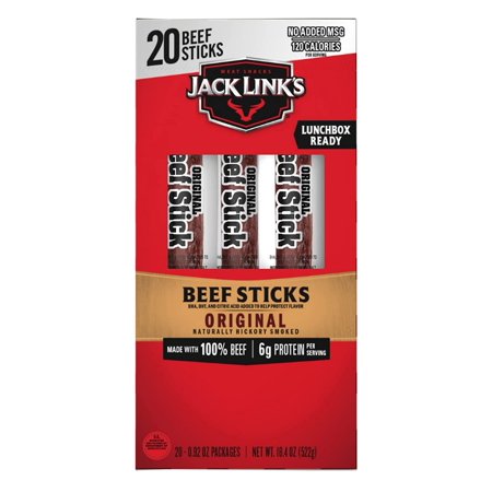 Jack Link S Beef Sticks  Original Great Protein Snack  Meat Stick with 6g of Protein  Made with 100% Beef  No Added MSG** 0.92 Oz. (20 Count)