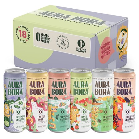 Variety Pack Herbal Sparkling Water by Aura BoraCAIMAN  12 Oz Can (Pack of 18)  0 Calories  0 Sugar  0 Sodium  Non-GMO