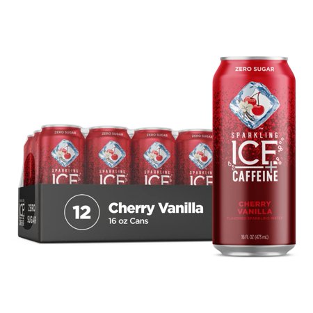 Sparkling Ice +Caffeine Cherry Vanilla Sparkling Water  with Antioxidants and Vitamins  Zero Sugar  16 Fl Oz Cans (Pack of 12)