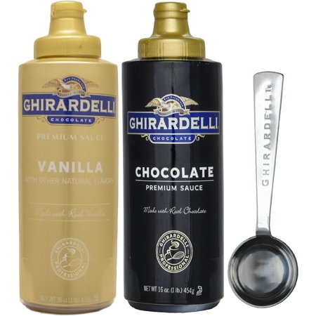 Ghirardelli Chocolate Sauce and Vanilla Sauce  16 Ounce Squeeze Bottles (Set of 2) - with Limited Edition Measuring Spoon