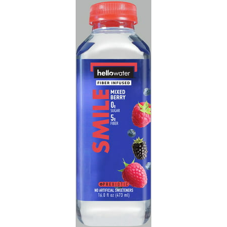 Hellowater SMILE  Mixed Berry Flavored  Prebiotic Fiber Infused Water  Zero Sugar  Zero Net Carbs  16 Fl Oz Bottle Pack of 12