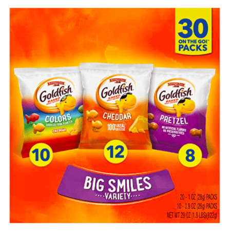Pepperidge Farm Goldfish Crackers Big Smiles with Cheddar  Colors  and Pretzel Crackers  Snack Packs  30 Count Variety Pack Box (2 Pack)