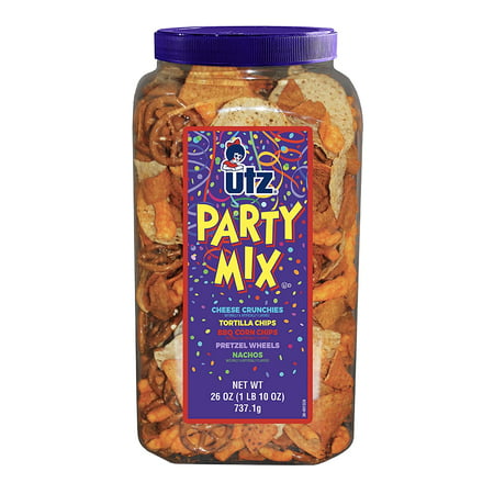 Utz Party Mix - 26 Ounce Barrel - Tasty Snack Mix Includes Corn Tortillas  Nacho Tortillas  Pretzels  BBQ Corn Chips and Cheese Curls  Easy and Quick 