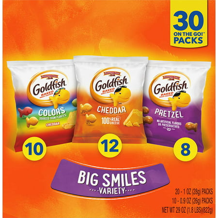 Pepperidge Farm Goldfish Crackers Big Smiles with Cheddar  Colors  and Pretzel Crackers  Snack Packs  30 Count Variety Pack Box