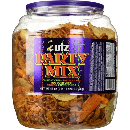 Utz Party Mix Tasty  Snack Mix Includes Corn Tortillas  Nacho Tortillas  Pretzels  BBQ Corn Chips and Cheese Curls  43 Ounce Barrel