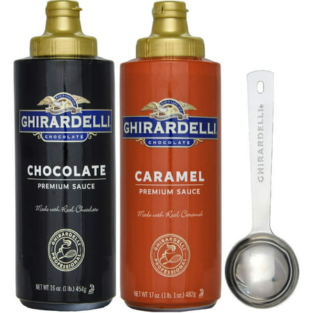 Ghirardelli - 17 Ounce Caramel  16 Ounce Chocolate Sauce Squeeze Bottles (Set of 2) - with Limited Edition Measuring Spoon
