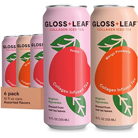 Gloss Leaf Collagen Iced Tea (Zero-Sugar  Assorted): Brewed Black Tea with Collagen Peptides Protein & Vitamin C  Beauty & Anti-Aging  12 Fl Oz  6 Pac
