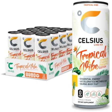 Celsius Essential Energy Drink  Sparkling Tropical Vibe 12 Fl Oz (Pack of 12)