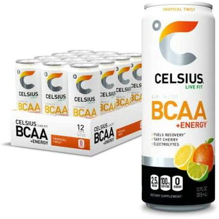 Celsius Bcaa +Energy Sparkling Post-Workout Recovery & Hydration Drink  Tropical Twist  144 Fl Oz (Pack of 12)