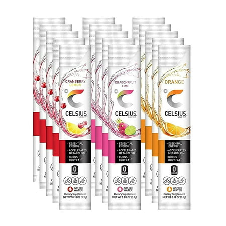 CELSIUS Live Fit on-the-Go Powder Stick 3 Flavor Variety Pack  Zero Sugar - Dragonfruit  Cranberry Lemon and Orange Pack of 15 (5 of Each Flavor)