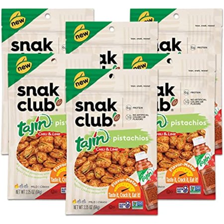Snak Club Tajin in-Shell Pistachios  Chili & Lime Nuts  Mild in Heat Bold in Flavor  2.25 Ounce Grab-N-Go Bag  (Pack of 6)