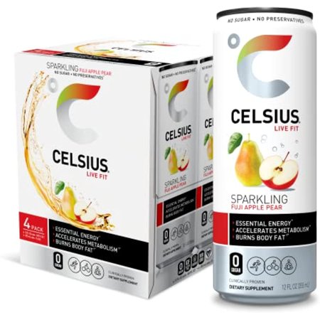 Celsius Essential Energy Drink 12 Fl Oz  Sparkling Fuji Apple Pear (Pack of 4)