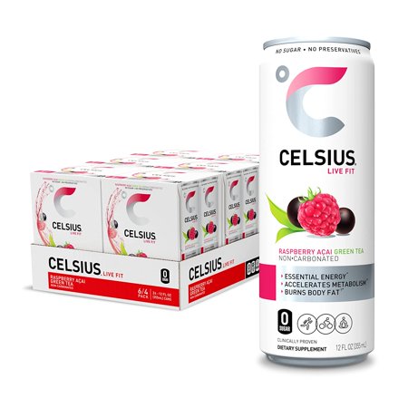 CELSIUS Essential Energy Drink  Raspberry Acai Green Tea  12 Fl Oz(Pack of 24)
